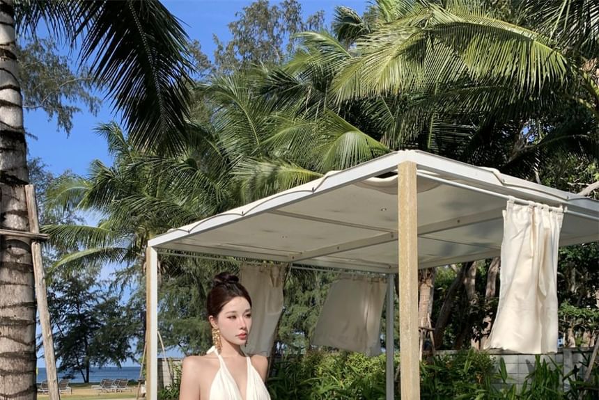 Dress Halter V-Neck Maxi A-Line Plain