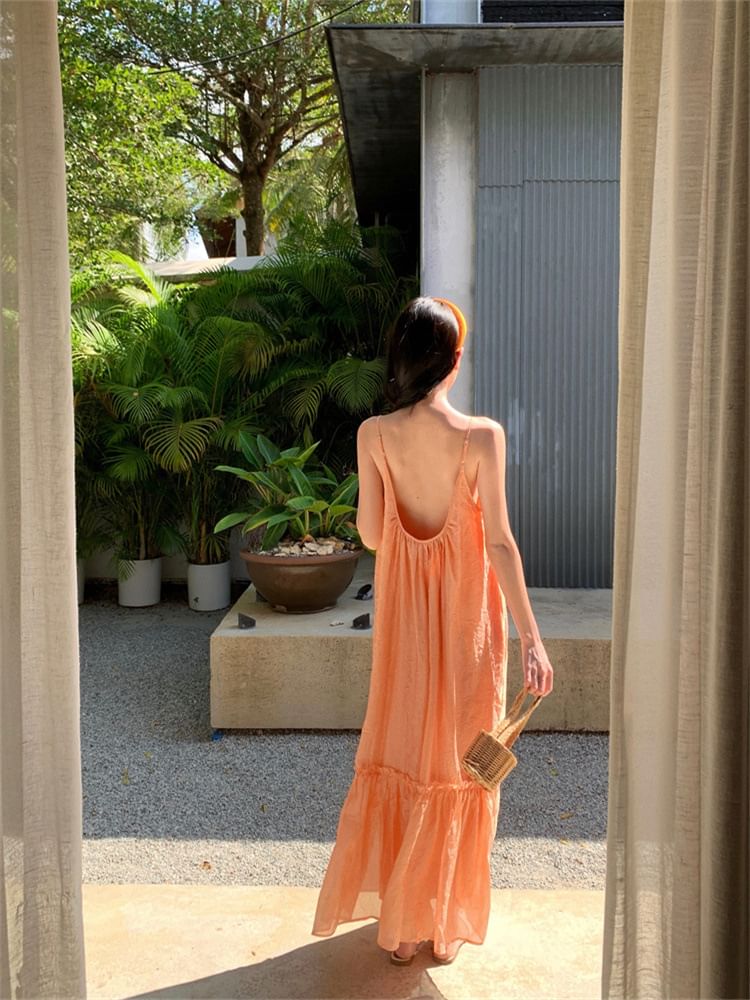 Spaghetti Scoop Neck Dress Strap Maxi A-Line Plain
