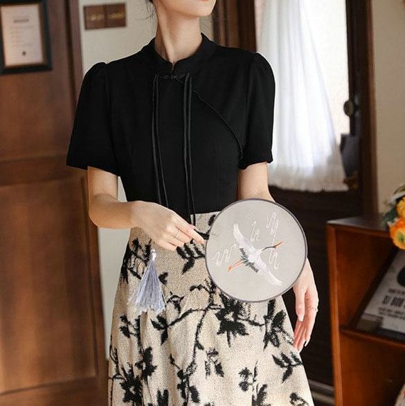 Floral Collar Mandarin Dress Midi Panel Short-Sleeve A-Line