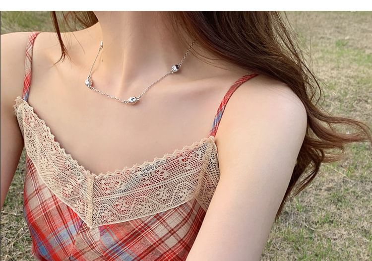 Spaghetti Trim Strap Lace A-Line Midi Dress Plaid