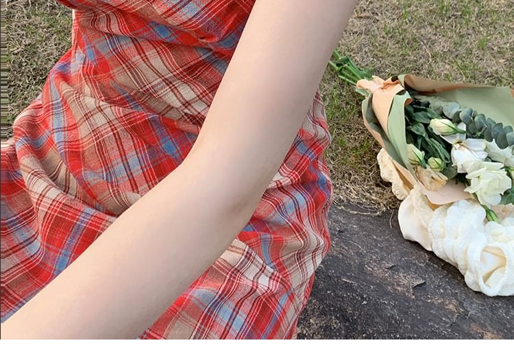 Spaghetti Trim Strap Lace A-Line Midi Dress Plaid