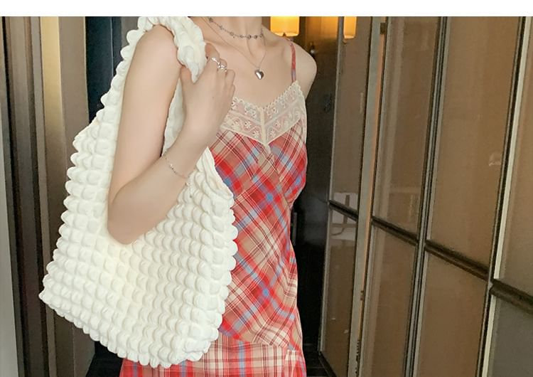 Spaghetti Trim Strap Lace A-Line Midi Dress Plaid