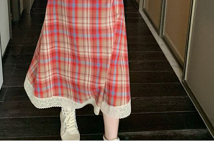 Spaghetti Trim Strap Lace A-Line Midi Dress Plaid