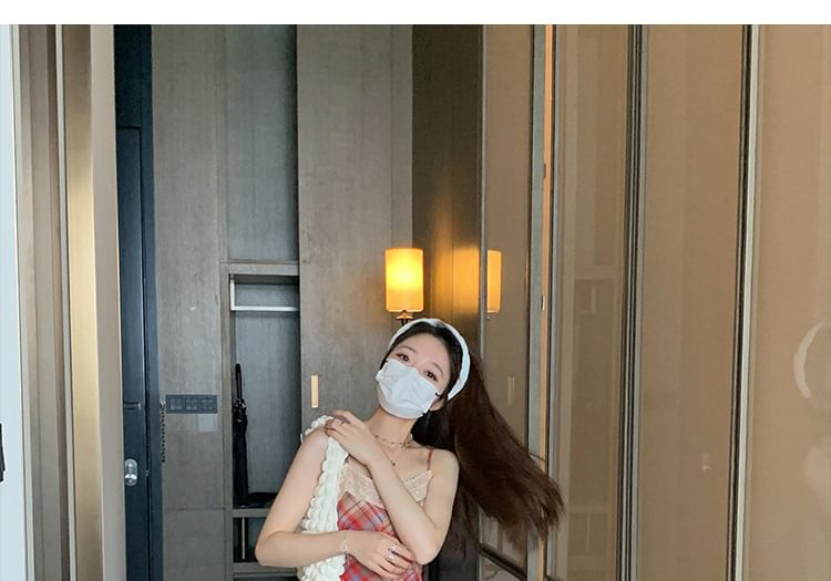 Spaghetti Trim Strap Lace A-Line Midi Dress Plaid