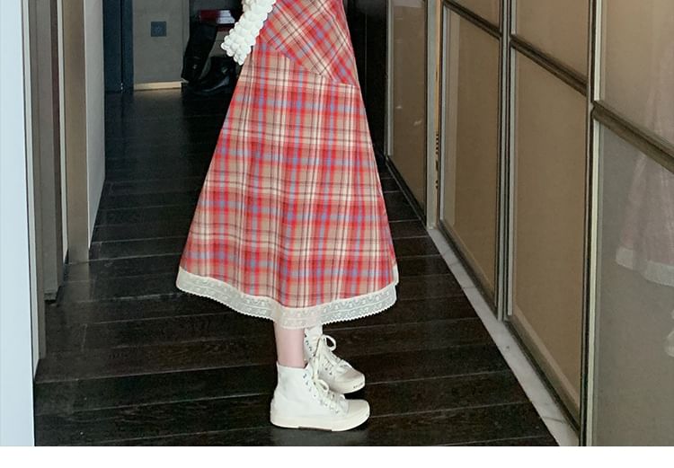 Spaghetti Trim Strap Lace A-Line Midi Dress Plaid