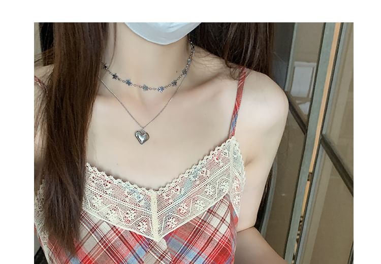 Spaghetti Trim Strap Lace A-Line Midi Dress Plaid