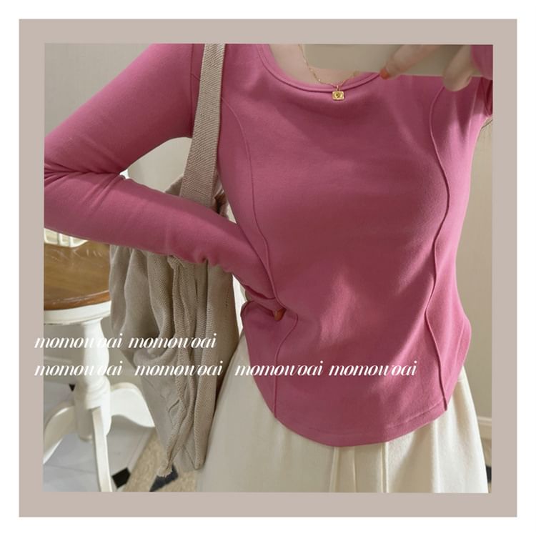 Plain T-Shirt Asymmetrical Long-Sleeve Neck Scoop