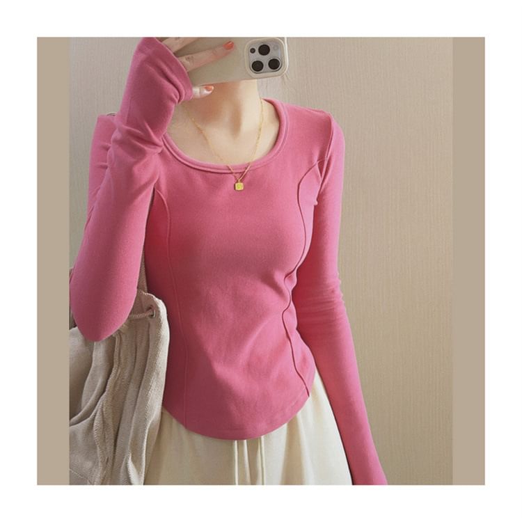 Plain T-Shirt Asymmetrical Long-Sleeve Neck Scoop
