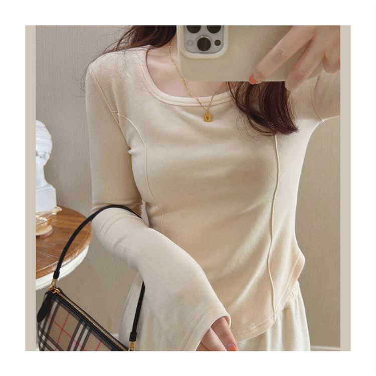 Plain T-Shirt Asymmetrical Long-Sleeve Neck Scoop