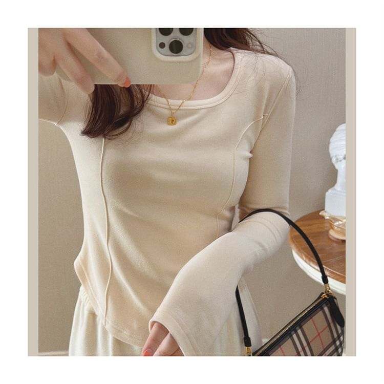 Plain T-Shirt Asymmetrical Long-Sleeve Neck Scoop