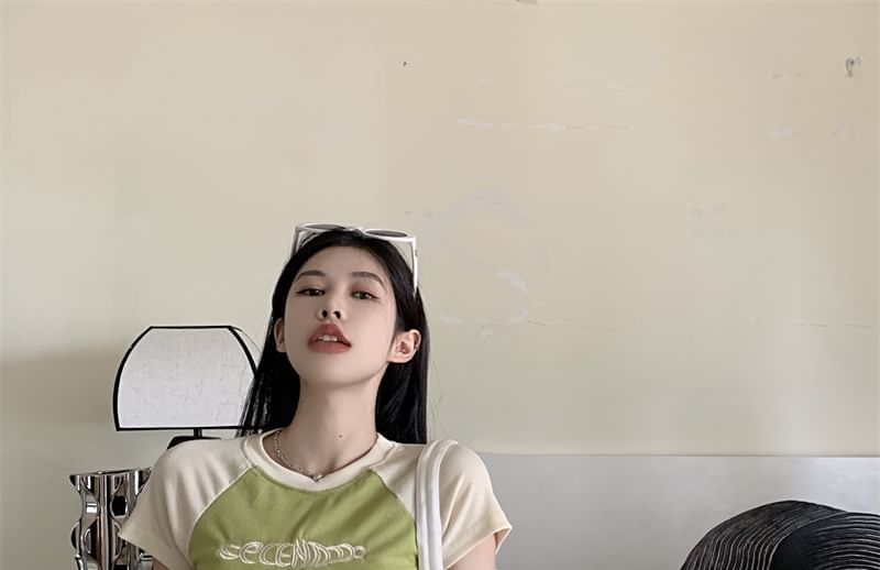 Letter Short-Sleeve Crew Neck T-Shirt Cropped Embroidered