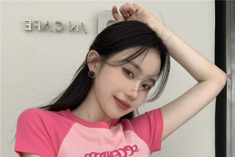 Letter Short-Sleeve Crew Neck T-Shirt Cropped Embroidered