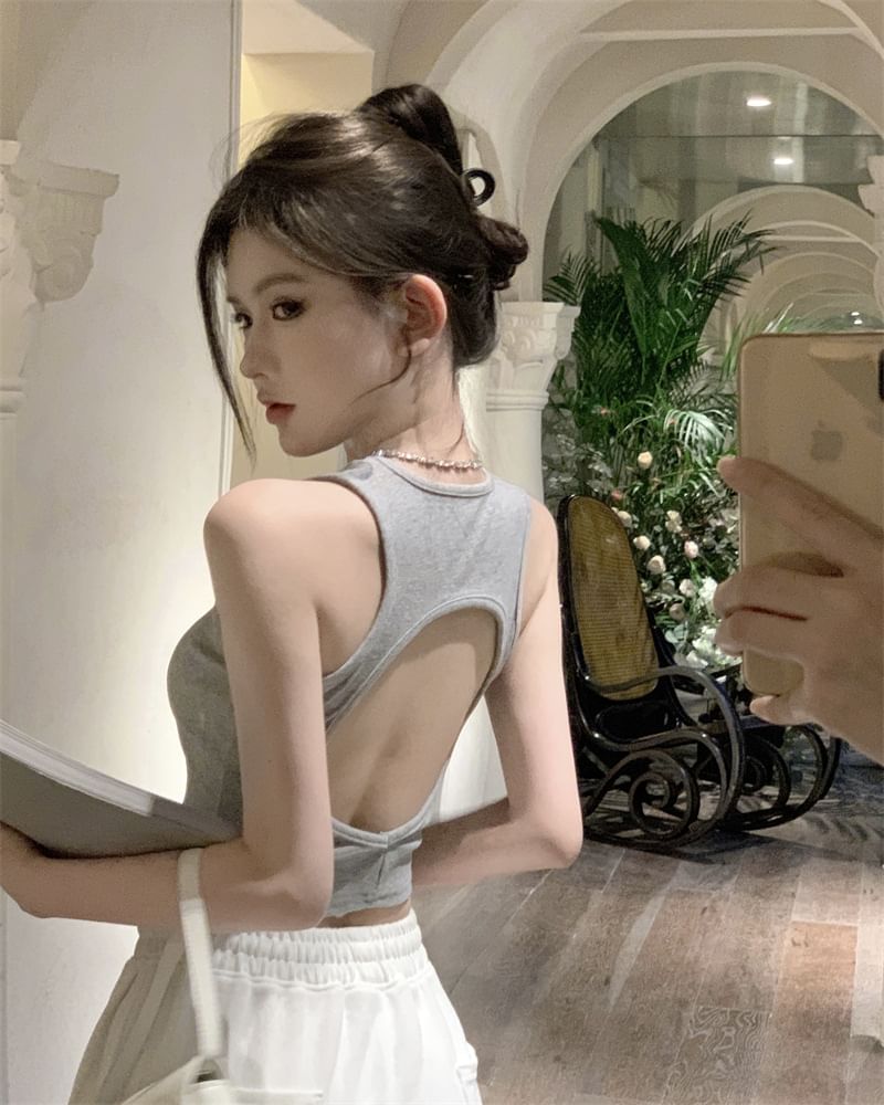 Open Crop Back Plain Tank Top