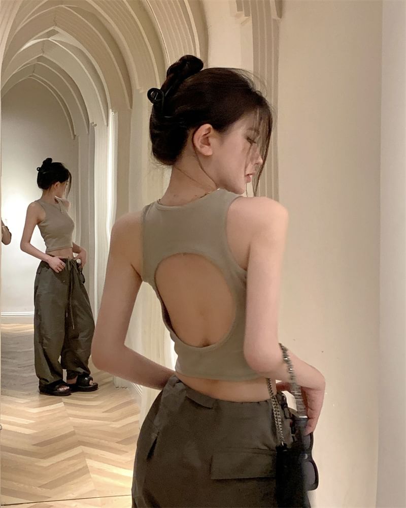 Open Crop Back Plain Tank Top