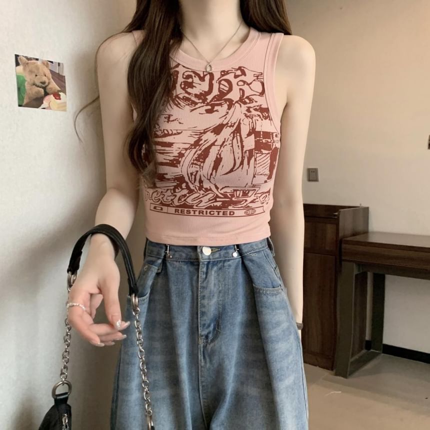 Tank Round Top Crop Graphic Print Neck
