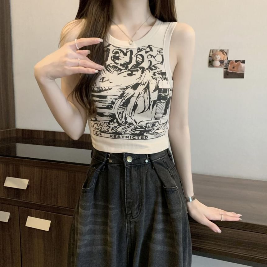 Tank Round Top Crop Graphic Print Neck