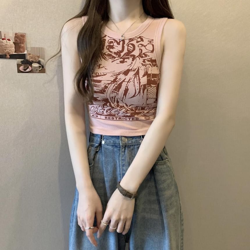Tank Round Top Crop Graphic Print Neck