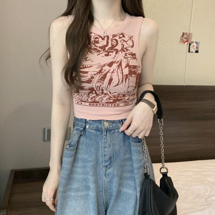 Tank Round Top Crop Graphic Print Neck
