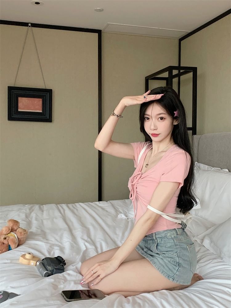 Plain Short-Sleeve T-Shirt Drawstring