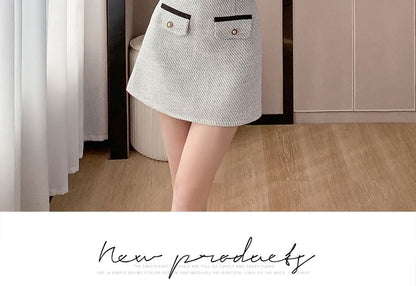 Set: Contrast Trim Crop Button Jacket + High Waist Mini A-Line Skirt