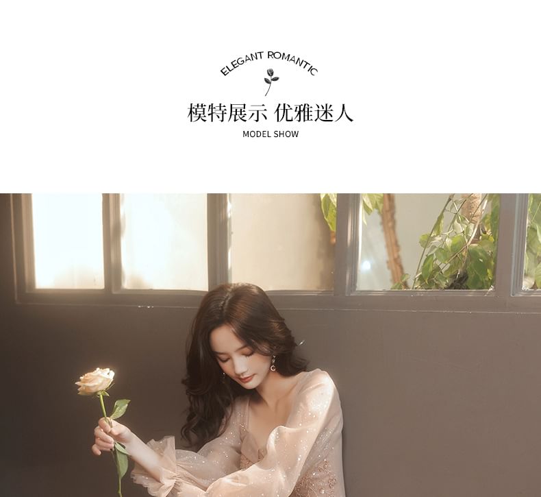 Mesh Sequin Dress Evening Puff-Sleeve V-Neck Gown / A-Line