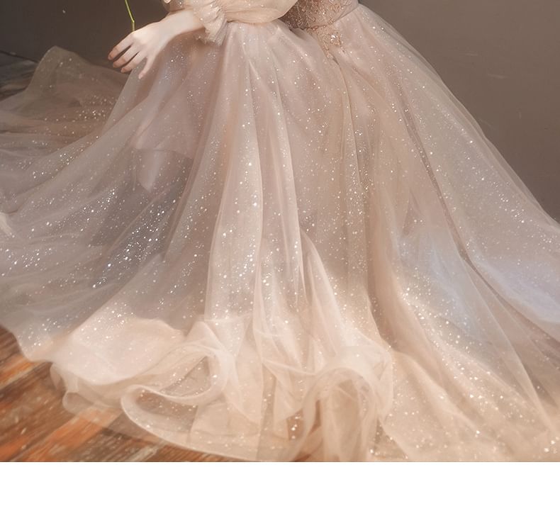 Puff-Sleeve V-Neck Sequin Mesh A-Line Evening Gown / Dress