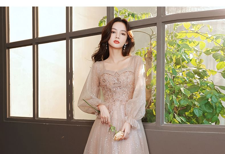 Mesh Sequin Dress Evening Puff-Sleeve V-Neck Gown / A-Line