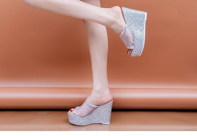 Glitter Wedge Sandals Plain Slide