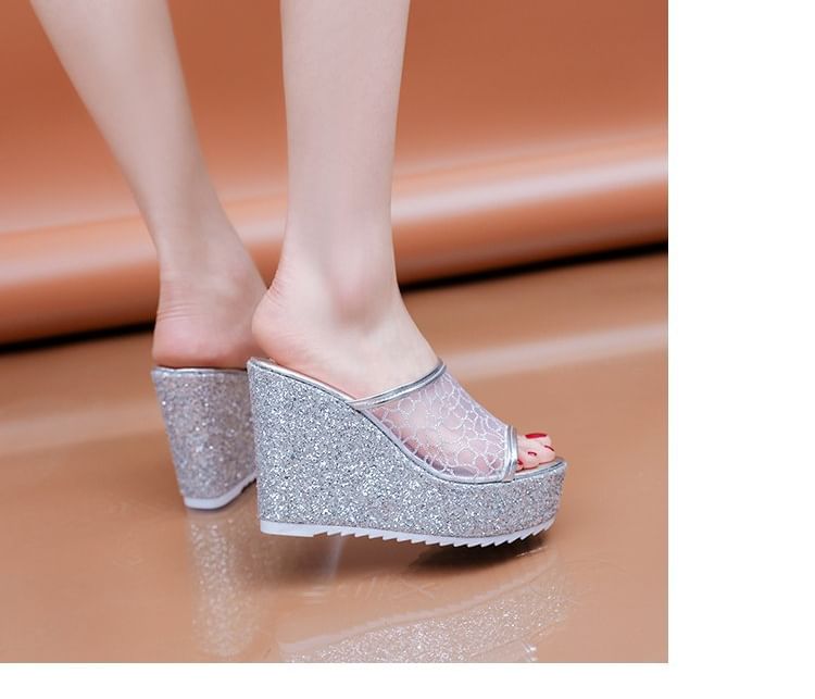 Glitter Wedge Sandals Plain Slide