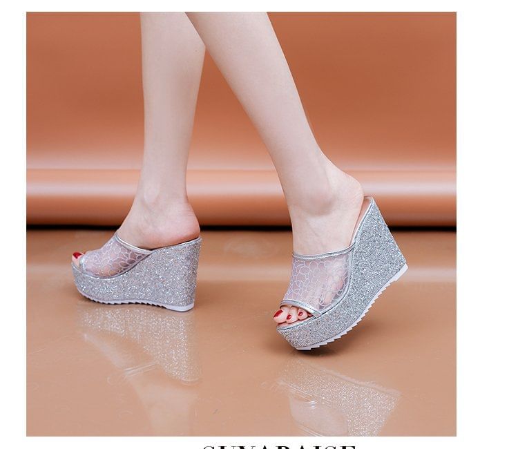 Glitter Wedge Sandals Plain Slide