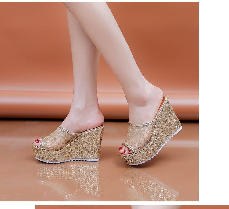 Glitter Wedge Sandals Plain Slide