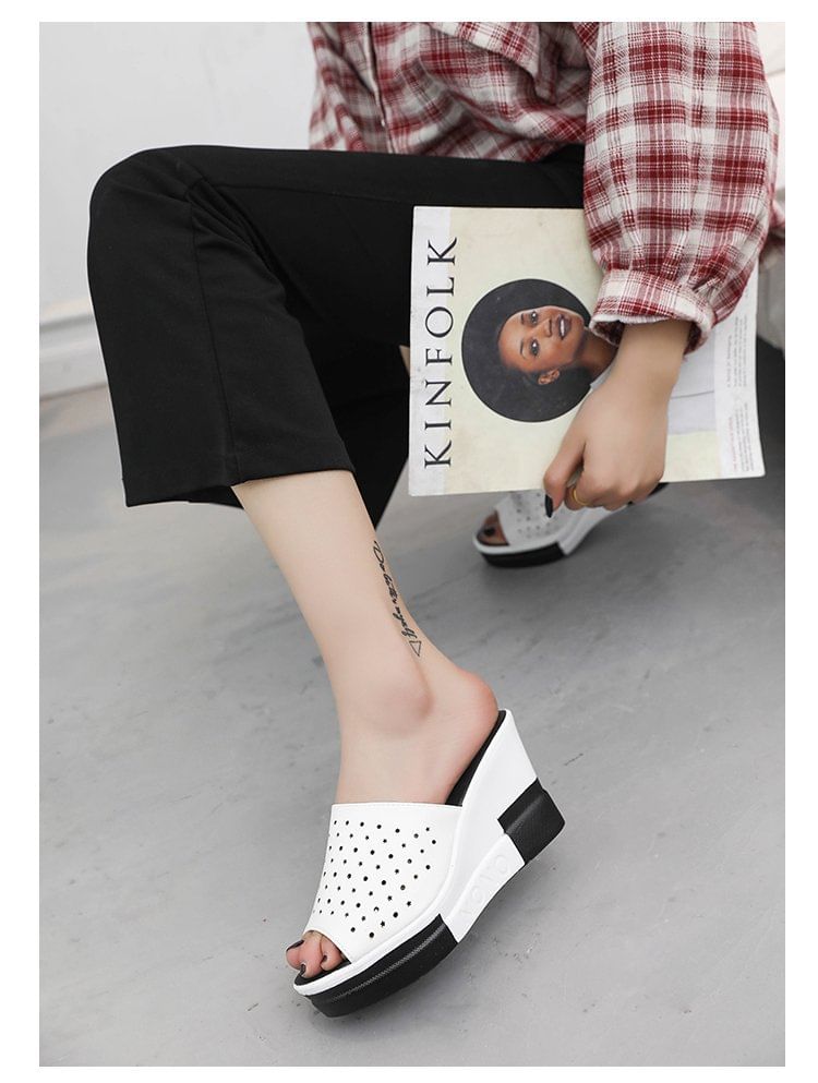 Pointelle Plain Sandals Slide Wedge