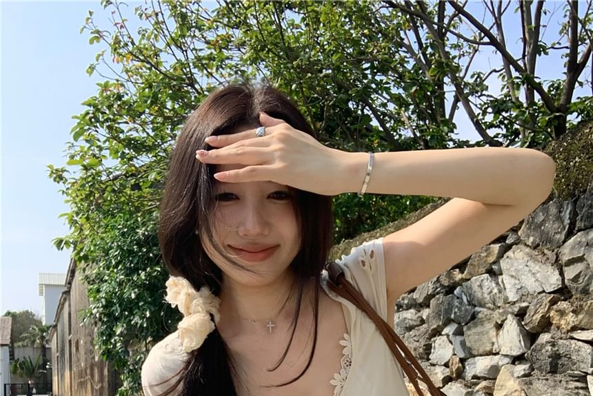 A-Line Eyelet Cap-Sleeve Plain Mini Maxi Panel Mermaid Dress Lace V-Neck Buttoned /