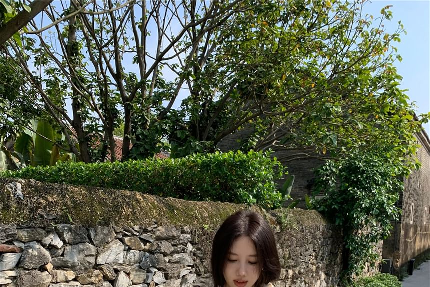 A-Line Eyelet Cap-Sleeve Plain Mini Maxi Panel Mermaid Dress Lace V-Neck Buttoned /