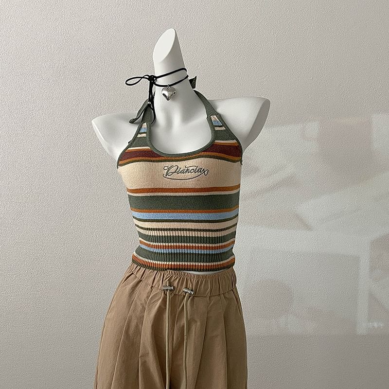 Embroidered Top Halter Striped Letter