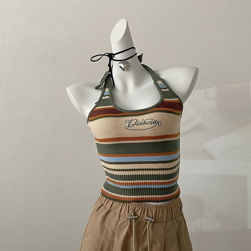 Embroidered Top Halter Striped Letter
