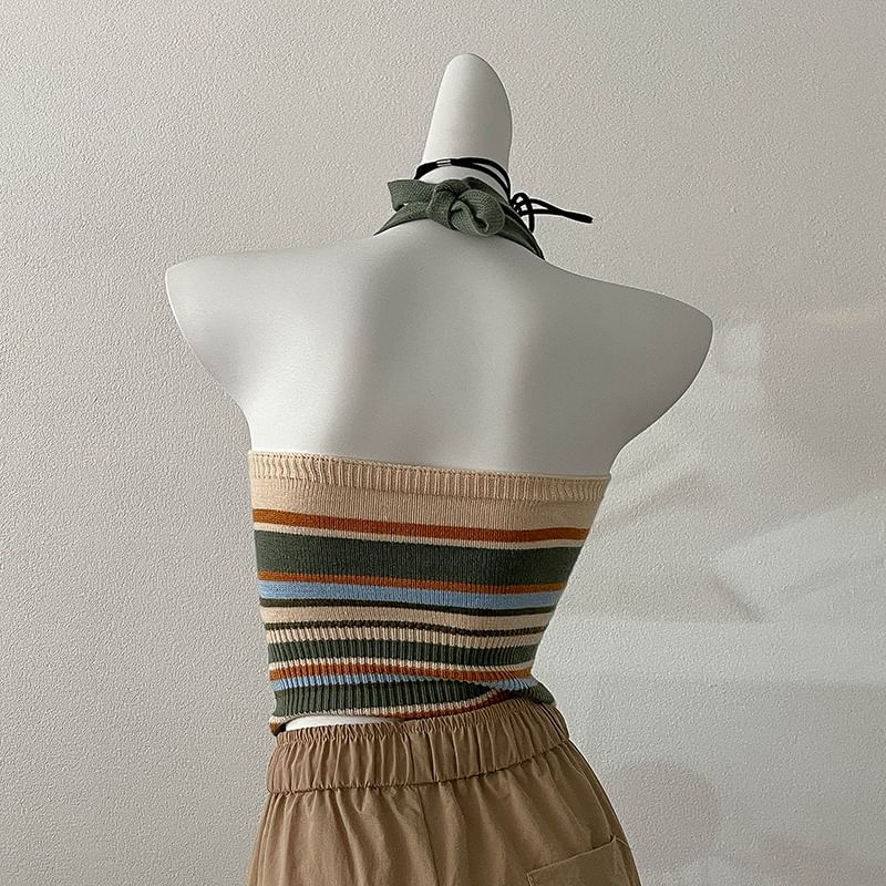 Embroidered Top Halter Striped Letter