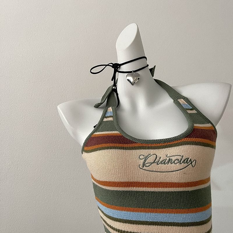 Embroidered Top Halter Striped Letter