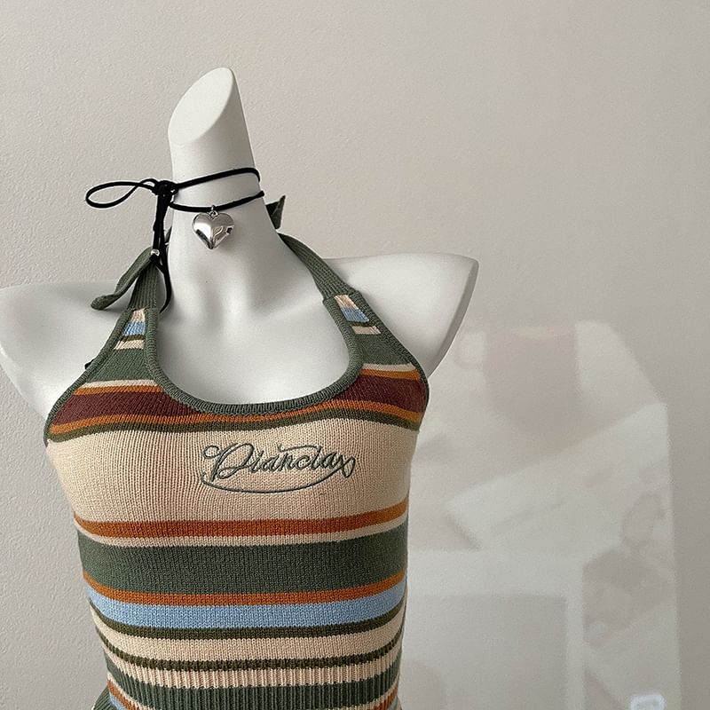 Embroidered Top Halter Striped Letter