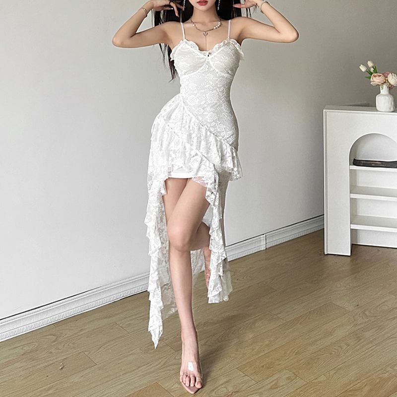 Lace Midi Plain Spaghetti Strap V-Neck Dress