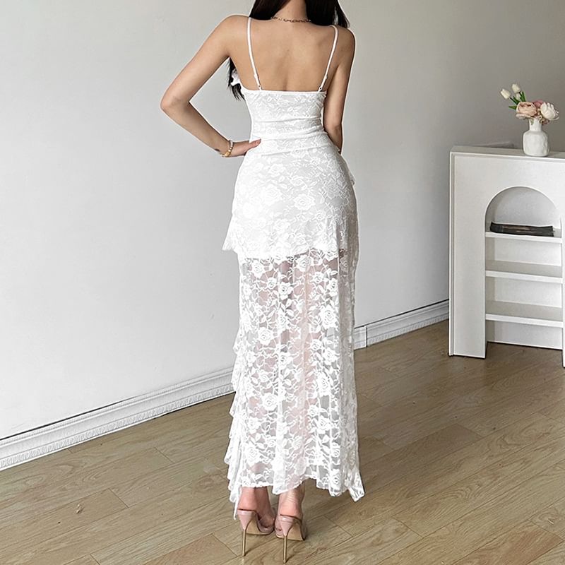 Lace Midi Plain Spaghetti Strap V-Neck Dress