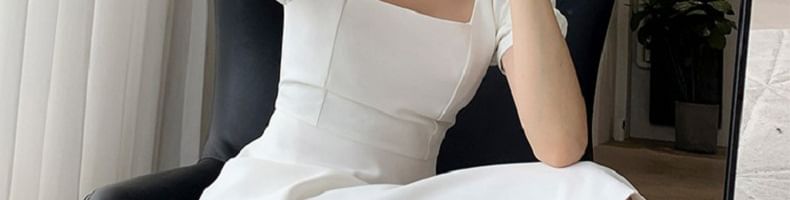 Sleeve Plain Dress Square Puff Mini A-Line Neck