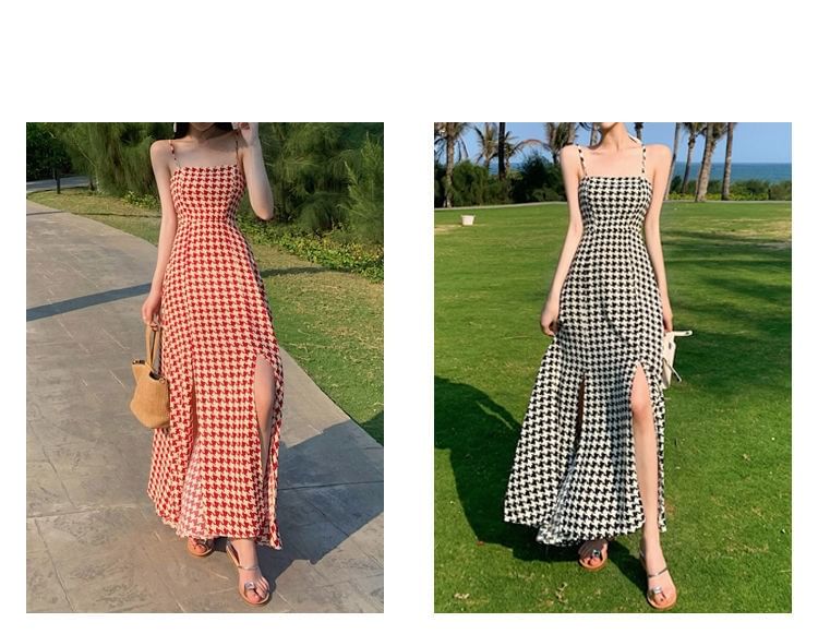 Slit Dress Houndstooth Spaghetti Strap A-Line Maxi