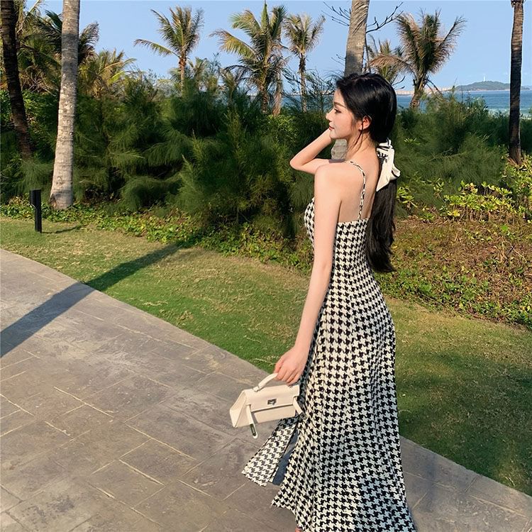 Slit Dress Houndstooth Spaghetti Strap A-Line Maxi