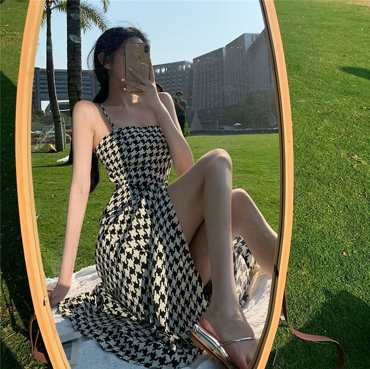 Slit Dress Houndstooth Spaghetti Strap A-Line Maxi