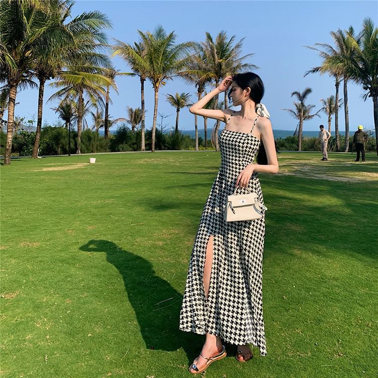 Slit Dress Houndstooth Spaghetti Strap A-Line Maxi