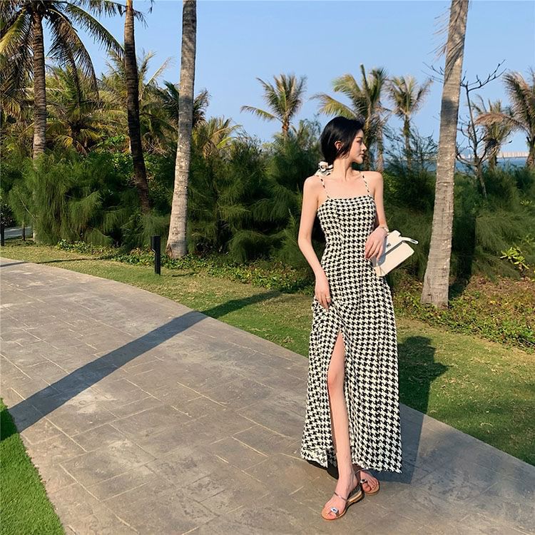 Slit Dress Houndstooth Spaghetti Strap A-Line Maxi