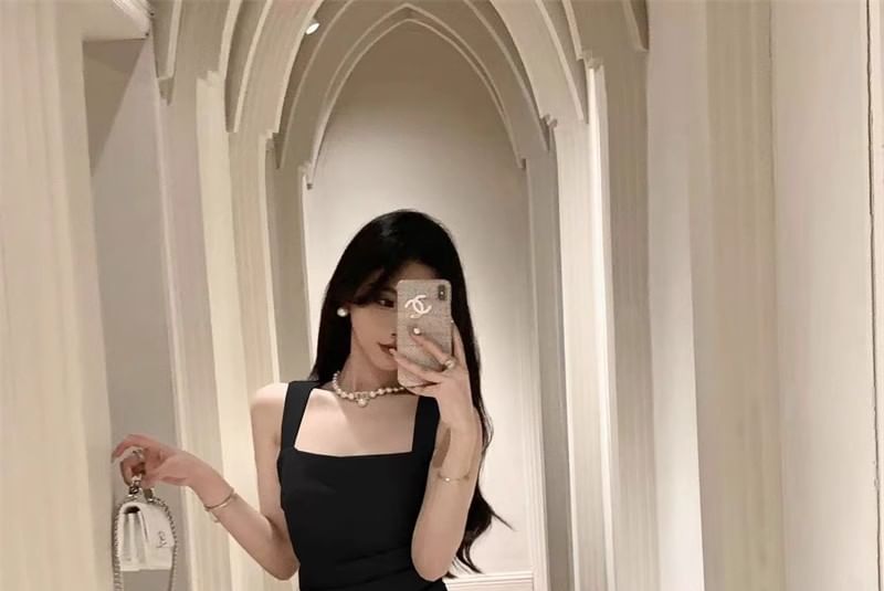 Neck Ruched Midi Sleeveless Plain Sheath Dress Square