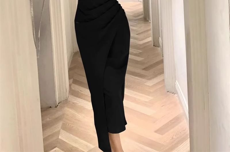 Midi Ruched Sheath Plain Dress Square Neck Sleeveless