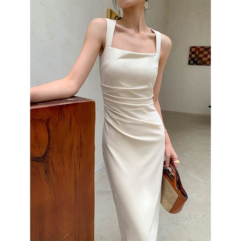 Neck Ruched Midi Sleeveless Plain Sheath Dress Square